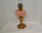 Pink Majestic Font w/ Gold Colored Stem Aladdin Model B Oil Lamp - w/ Chimn
