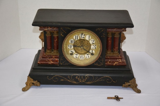 8 Day Black and Maroon Mantel Clock w/ Brass Legs and Roman Columns - Key a