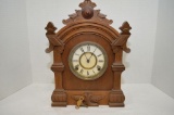 Truste 8 Day Mantel Clock w/ Key and Pendulum Inside Back, Tin Face, Nice W