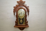 Oak Wall Clock w/ Glass Door, Tin Face, Key Wind - Has Key and Pendulum, 24