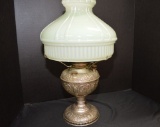 Millerland Metal Base Decorative Font Oil Lamp w/ Light Green Glass Shade