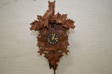 W. German Cuckoo Clock w/ Owl, Fox and Leaves, on Decoration, 2 Weights and