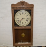 8 Day Calendar Clock in Wood Case w/ Pendulum and Key Lower Portion of Door