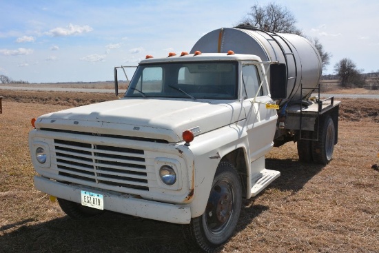 1967 White Colored Ford F600 Gas Truck with Large Stainless Steel Tank on Back,