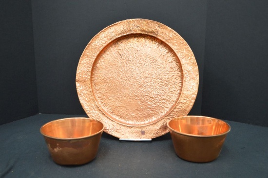 Set of Copper Dishes: Copper Hammered Platter, 14 inch Diameter; A Two Copp