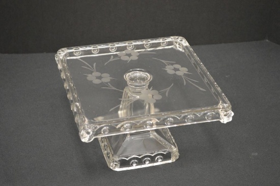 Etched Glass Square Pedalstand Cake Stand w/ Lion Heads on Corners plus 2 m
