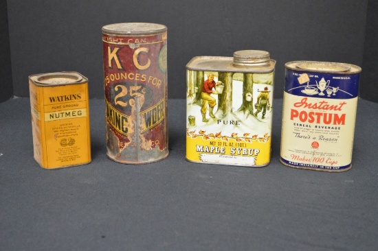 4 advertising tins; Watkins Nutmeg, KC Baking Powder, Pure Maple Syrup & In