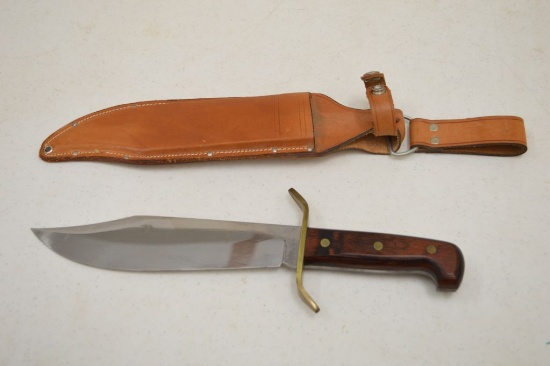 Western USA Wood Handle & Brass Bowie Type Knife w/ Leather Sheath