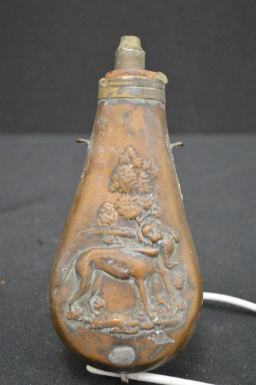 Antique Gun Powder Flask w/ Hunting Dog on Front, Brass
