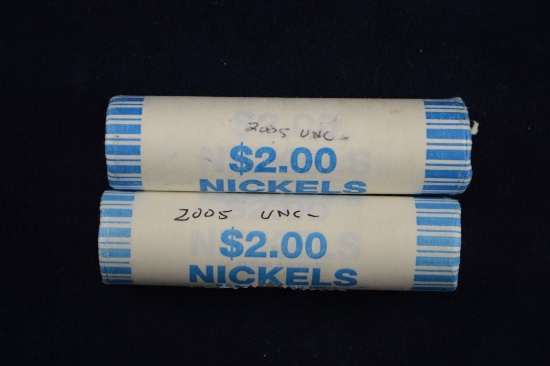 Two 2005D Jefferson Nickel Uncirculated Shotgun Rolls (80 Coins), One shows
