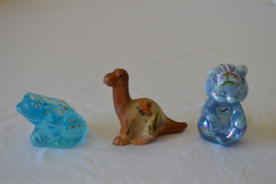 Group of 3 Fenton Figurines, Hand Painted and Signed Blue Bear, Brown Slag