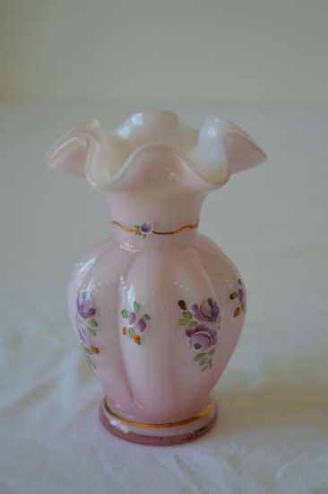 Fenton Pink Encased Signed and Hand Painted Melon Shape 5 inch Vase