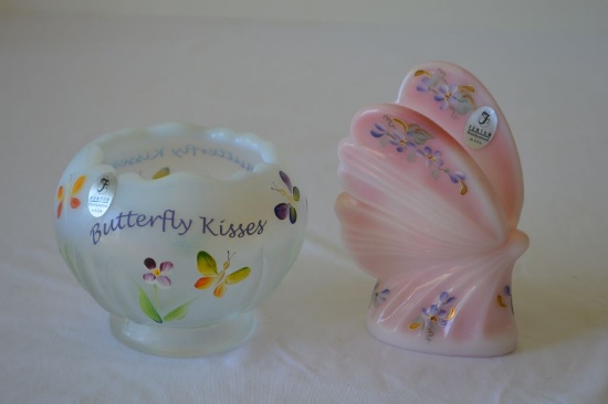 Hand Painted and Signed Pink Custard Butterfly and Iridescent Hand Painted