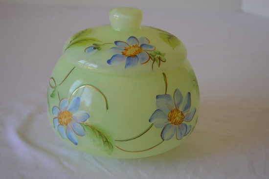 Fenton Vaseline Hand Painted and Signed #525/1950 Lidded Dish 5 inch High