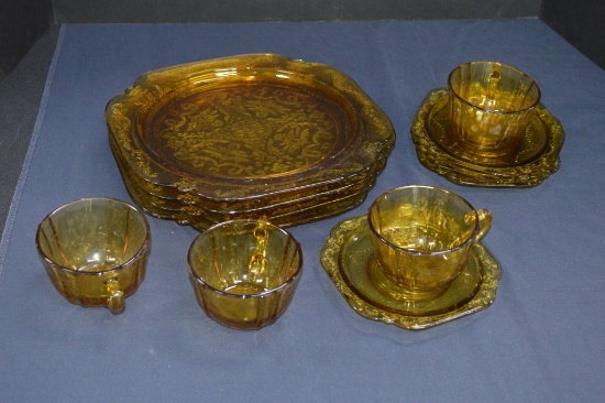 Amber Colored Depression Glass - Madrid Pattern, 4 Plates and 4 Cups w/ Sau