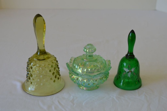 Group 3: Green Small Hand Painted and Signed Fenton Bell, Green Hobnail Bel