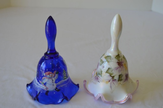 Pair of Fenton Hand Painted and Signed Bells: Blue Christmas Sane and White