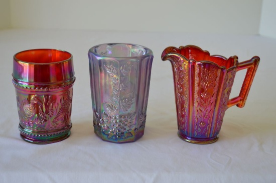 Group of 3 Fenton Glasses: Lavender- Grapes Pattern, Red Stork, and Red Run