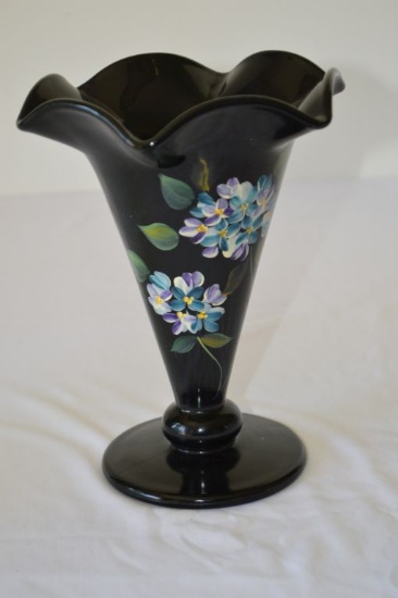 Fenton Onyx Footed Hand Painted and Signed with Label 4 ½ inch Vase