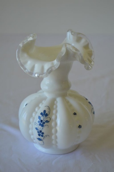 Fenton Paneled White Encased Hand Painted and Signed Vase