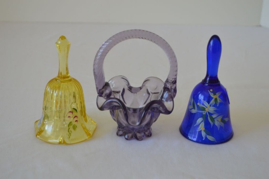Group 3: 2 Fenton Hand Painted and Signed bells (miniature) and 1 Amethyst