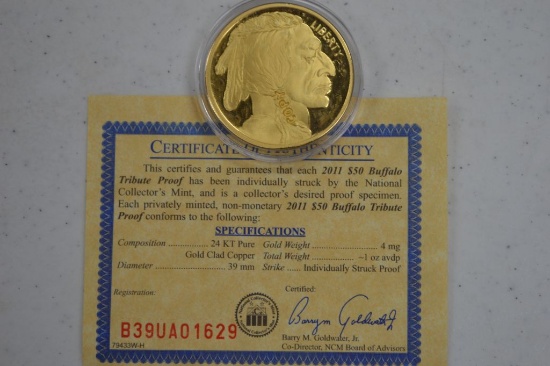 Reproduction 2011 $50 Buffalo Tribute, 24k Gold Plate