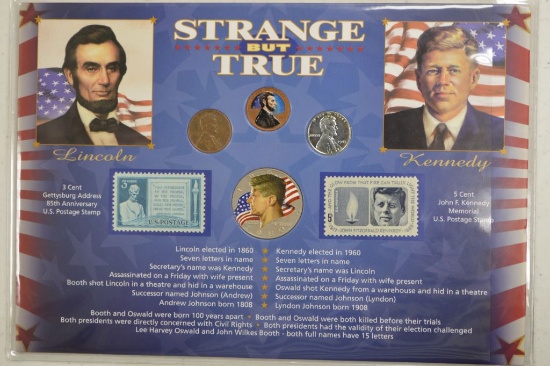 Strange But True: lincoln & Kennedy Display Card with Coins & Stamps