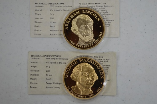 American Mint Abraham Lincoln & Geroge Washington Medallion, Layered in 24k