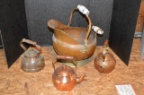 Copper Coal Hod and 3 Small Copper Tea Pots