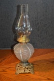 Brass Footed Oil Lamp w/ Frosted and Bead Design Font
