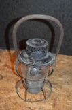 Adlake Black Railroad Lantern w/ Wood Handle, Crack in Clear Globe