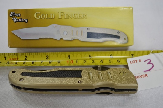 Goldfinger Knife, NIB, Flip & Lock Blade with Belt Clip, 5.5”