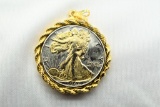 Gold on Silver 1942 Walking Liberty in Pendant form for Necklace