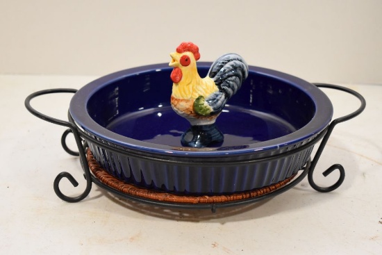 10" Scalloped Baking Dishes w/ Rooster Vent & Wire Holder