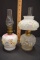 2 Mini Oil Lamps: 1 Hand painted w/Flowers (Cosmos) Milk Glass Base & 1 Fro
