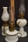 3 Mini Oil Lamps: All Milk Glass w/Gold Overlay Trim w/Chimney & 1 Finger L