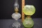Pair of Mini Oil Lamps: 1 Vaseline w/Chimney & 1 Clear Footed w/Dots; has c