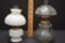 Pair of Mini Oil Lamps: 1 Milk Glass w/Block Panel & 1 Clear w/Flowers w/Sh