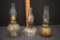 3 Mini Oil Lamps: 1 Clear Twist Base Finger Lamp, 1 Goofus-Type Gold Color,