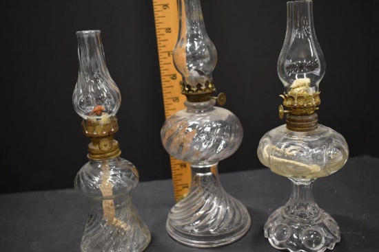 3 Mini Oil Lamps: 2 Clear Twist Base w/Chimney, 1 Clear Coin/Dot Base w/Chi