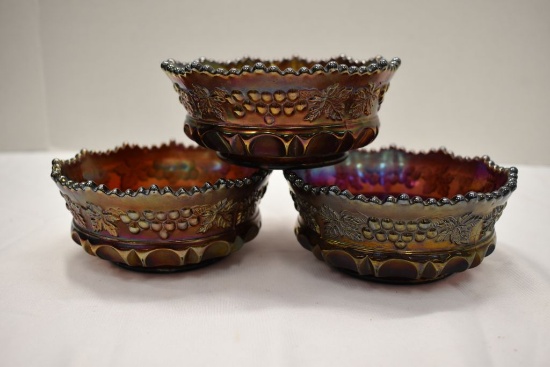 3 "Northwood" Carnival Glass Bowls w/Grape and Leaf Pattern