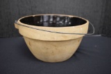 Wire Handle Crock Bowl, Brown Glazed inside w/ Indian Chief on Bottom w/ 