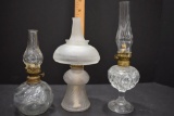 3 Mini Oil Lamps: 1 Frosted w/Shade and Twist Base, 1 Clear w/Twist Base an
