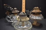 3 Large Clear Base Oil Lamps: 1 Finger lamp, 1 w/Wall Bracket, and 1 Table