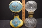 2 Mini Oil Lamps: 1 Clear Pressed Glass w/Shade & 1 Painted w/Federal Eagle