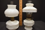 2 Milk Glass Mini Oils Lamps - 1 Milk Beaded Dot & 1 w/Octagon w/Circle Emb