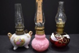 3 Mini Oil Lamps: 2 Hand painted & 1 Pink Pressed Glass, all w/Chimney