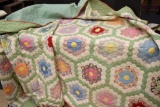 Flower Pattern Hand Made Old Quilt - Green in Color