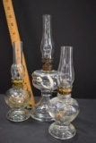 3 Mini Oil Lamps: 3 Clear Plain Footed Bases w/Chimney, 2 say 