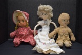 Group of 3 Cloth Dolls - 1 w/Leather Face and Google Eyes